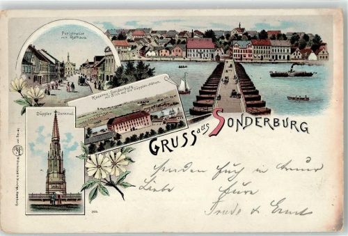 Sonderburg Sonderborg 1899 Lithographie Denkmal Düppler Rathaus Hafen
