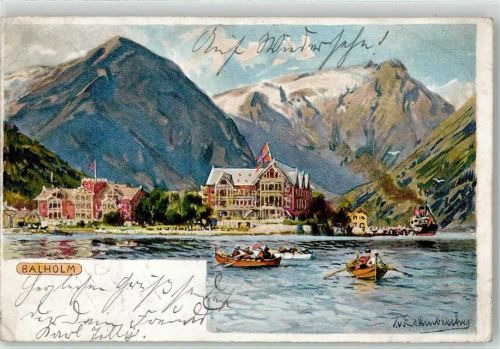 Balestrand Balholmen 1906 Lithographie sign. Eckenbrecher