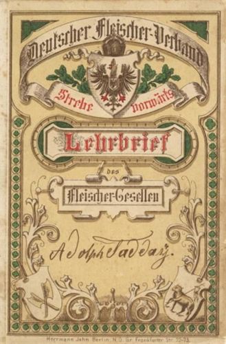 W8395 Lehrbrief Deutscher Fleischer-Verband 1894 Liebemühl Fleischerei