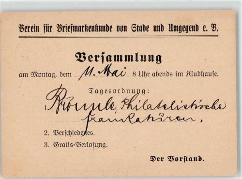 Stade Einladung Versammlung des Verein für Briefmarkenkunde von Stade und Umgebung 1936