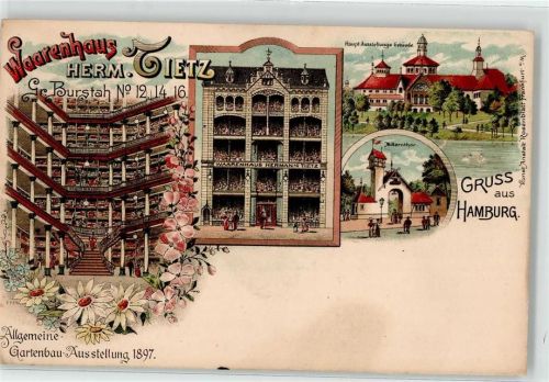 Allgemeine Gartenbau-Ausstellung 1897 Warenhaus Tietz, Herm. Judaika Lithographie
