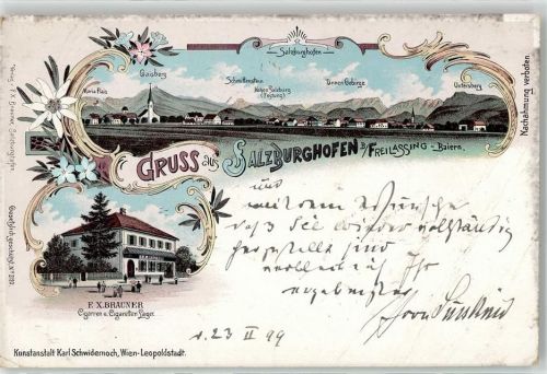 83395 W8228 Freilassing 1899 - Salzburghofen Tabakhandlung Brauner Maria Plain Gaisberg Schmittenstein Hohen Salzburg Untersberg