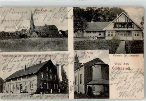 49424 W2849 Goldenstedt , Kr Vechta 1914 - Gasthaus Handlung F.Scheele Reitmeier Joh.Westerhoff luth. Kath. Kirche
