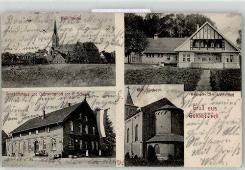 49424 W2849 Goldenstedt , Kr Vechta 1914 - Kath. Kirche Lutherische Handlung Gasthaus Scheele Reitmeier Westerhoff