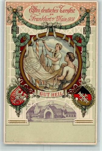 W6000 Frankfurt am Main Offiz. Karte Nr. 1 sign. A. Goebel Wappen Gut Heil AK Turnfest 1908