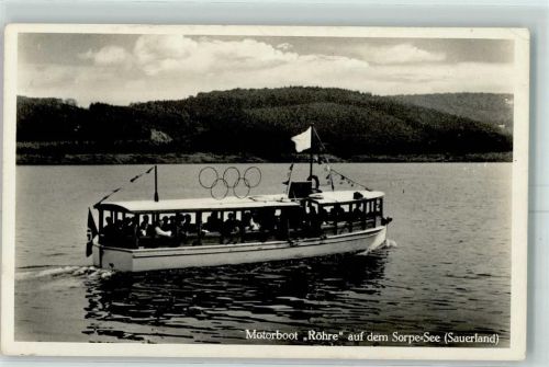 Langscheid 1937 Motorboot Röhre auf dem Sorpe See - größter Erdstaudamm Europas AK