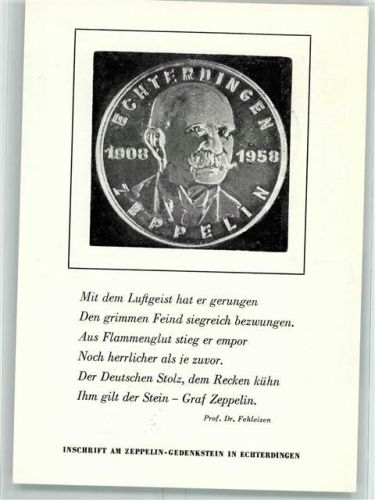 Gedenkstein und Inschrift Gedenkfeier 1. Landung in Echterdingen Zeppelin, F. Graf von 1958