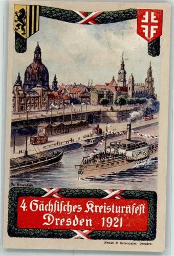 O8000 Dresden Festpostkarte Nr. 2 + SST sign. Fr. Rowland Straßenbahn AK Turnfest 1921 Künstlerkarte