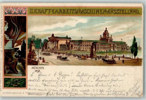München 1898 Ausstellung Kraft- und Arbeitsmaschinen offiz. Karte Nr. 1 AK