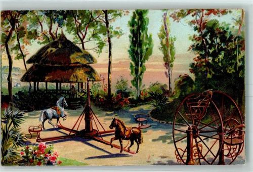 Genova Villa Pallavicini Pegli Spielplatz Karussell AK Jahrmarkt Lithographie / Künstlerkarte