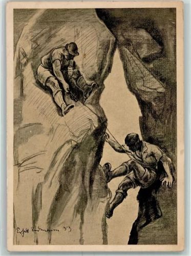Werbepostkarte Nr. 20 des Hilfsfonds f.d. Deutschen Sport WK II Bergsteiger 1936 Künstlerkarte