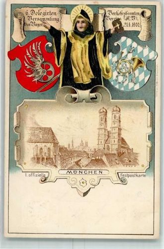 München 1900 1. Offiz. Festkarte Wappen - 6. Delegierten Versammlung der Bayer. Verkehrsbeamten AK