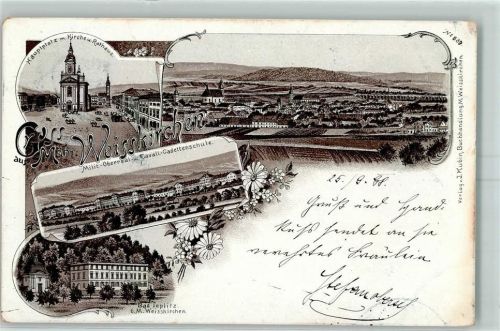 Hranice nad Morave Mährisch Weißkirchen Lithographie Hauptplatz mit Kirche und Rathaus Milit.-Oberreal- und Cavall.-Kadettenschule Bad Teplitz