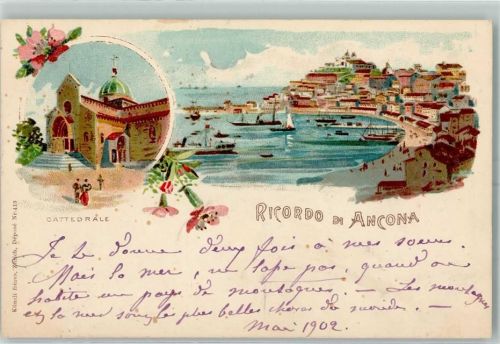 60100 Ancona Lithographie Cathedrale Kirche Strand Boot Schiff