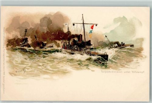 Torpedodivision unter Volldampf Meissner u. Buch Serie 1000 Schiff Kreuzer WK I Bohrdt, H. 1902 Lithographie / Künstlerkarte