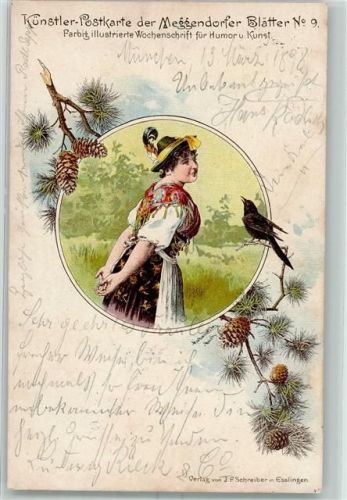 N. 9 Lithographie Tannenzapfen Tracht AK Meggendorfer Blätter Gebrauchsspuren