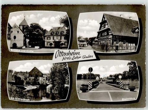 77963 W7635 Ottenheim , Schwarzw - Rathaus Kirche Rhein Fähre Mühlenbach