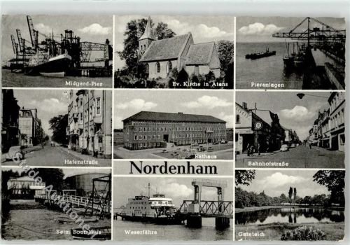 26954 W2890 Nordenham - Midgard Pier Ev. Kirche i. Atens Rathaus Bahnhofstraße VW Käfer Weserfähre