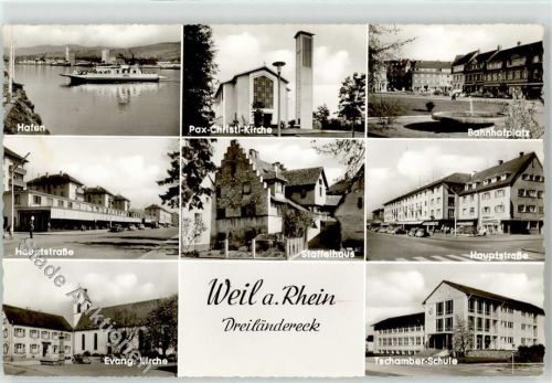 79576 W7858 Weil am Rhein - Hafen Fähre Pax Christi Kirche Bahnhofplatz Ev. Kirche Tschamber Schule