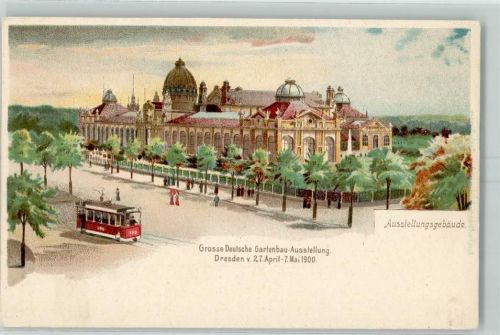 Dresden 1900 Ausstellungsgebäude Straßenbahn offiz. Postkarte