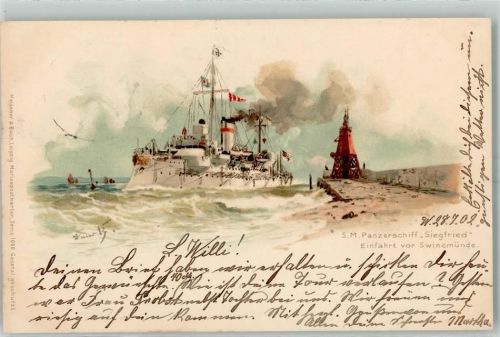 Panzerschiff Soegfried Meissner u. Buch Serie Marine AK Bohrdt, H. 1902 Lithographie
