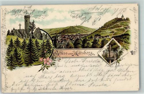 34431 W3538 Marsberg , Sauerland 1897 Lithographie Schandpfahl Turm Ruine Kreuz