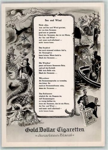 Gedicht See und Wind Boot Frau Mann Fahne Bison Robbe vermenschlicht Seepferdchen Seestern Wind Nacht Akkordeon Gold-Dollar Zigaretten American Blend Nixe