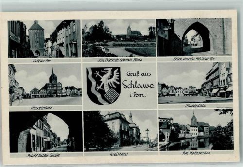 Schlawe Slawno - Stolper Tor Marktplatz Adolf Hitler Straße Kreiskaus am Dietrich Eckhardt Platz Blick durchs Köliner Tor Marktplatz am Holzgraben WK II Stempel