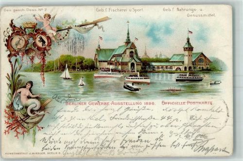 Treptow 1896 Berliner Gewerbeausstellung 1896 Wappen Engel Nixe Fisch Dampfschiff Schwarz-Weiß-Rot Segelboot Kanu Gebäude für Fischerei und Sport Gebäude Nahrungs- und Genussmittel