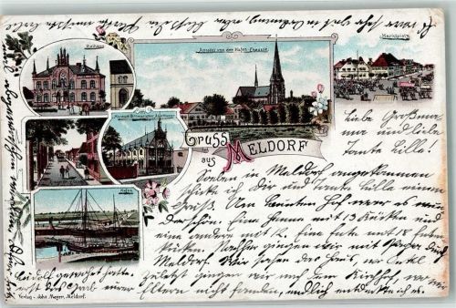25704 W2223 Meldorf 1897 Lithographie Rathaus Marktplatz Museum Dithmarscher Allerthumer Hafen