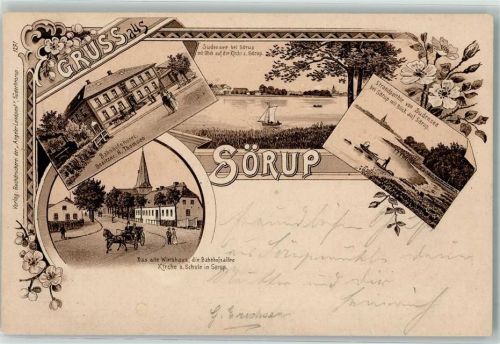 24966 W2393 Sörup 1898 Lithographie Bahnhofshotel H. Thomsen Sudensee Segelboot Altes Gasthaus Bahnhofsallee Kirche Schule