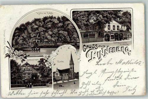 25421 W2080 Pinneberg Lithographie Bahnhof's Hotel Kirche Gasthaus Zur Eiche F. Strupp Hütte im Fahlt