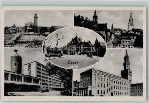 Oppeln Straßburgerplatz mit Peter- u. Paul-Kirche Bahnhof Rathaus Neues Regierungsgebäude Oldtimer WK II Stempel Reichsadler