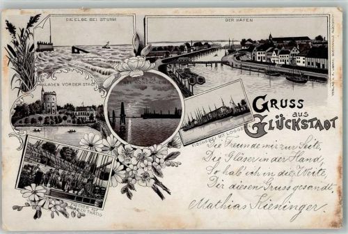 25348 W2208 Glückstadt 1899 Lithographie / Mondschein Elbe Sturm Hafen Anlagen vor der Stadt Fischerei mit Loggern Fischer