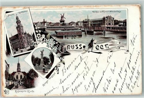 26789 W2950 Leer Ostfriesland Lithographie Neues Rathaus Dock Zollfreie Niederlage Windmühle Kriegerdenkmal Reformierte Kirche