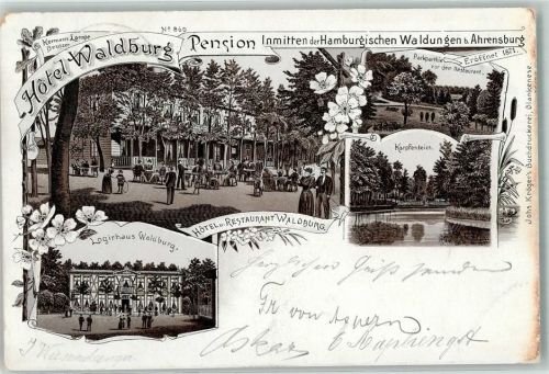 22926 W2070 Ahrensburg 1899 Lithographie Hotel Waldburg Hermann Lampe Karpfenteich Logirhaus Waldburg