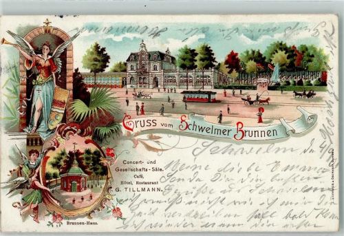 Schwelm 1901 Schwelmer Brunnen Straßenbahn Engel FanfareBrunnen-Haus Werbung Hotel G. Tillmann