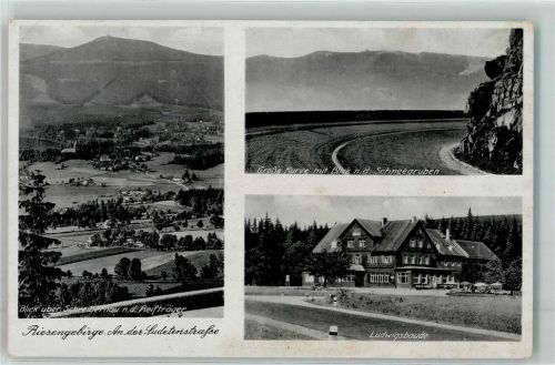 Ludwigsdorf Blick über Schreiberau n.d. Reifträger Große Kurve mit Blick n.d. Schneegruben Gasthaus Ludwigsbaude an der Sudetenstraße