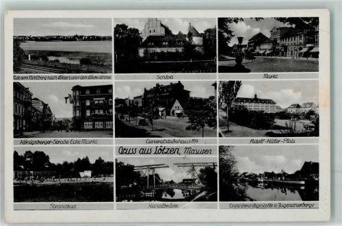 Lötzen Blick vom Tafelberg zur Löweninsel Schloss Markt Königsberger Straße Adolf Hitler Platz Strandbad Kanalbrücke Dampferanlegestelle u. Jugendherberge WK II