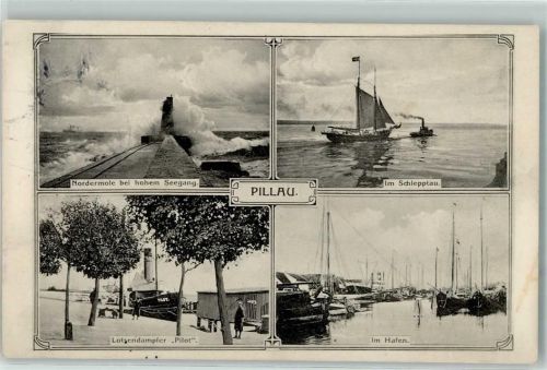 Baltijsk Pillau 1913 - Nordmole Leuchtturm Brandung Segelschiff Schleppdampfer Lotsendampfer Pilot Hafen