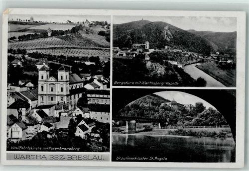 Wartha Wallfahrtskirche mit Rosenkranzberg Ursulinenkloster St. Angela Bergsturz mit Warthaberg-Kapelle WK II Stempel