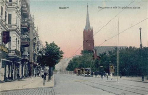 Rixdorf Berlin Rixdorf (1000) Leporello, Bergstrasse mit Magdalenenkirche, Postkutsche, Litfaßsäule II (kleine Einrisse, Ecke abgestossen)