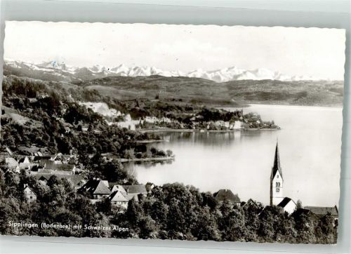 78354 W7767 Sipplingen Foto AK mit Pfarrkirche St. Martin und Georg und Schweizer Alpen Nachporto