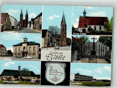Biblis Wormser Straße Rathaus Friedhofsgebäude Kath. Kirche Ev. Kirche Kriegerdenkmal Neue Schule