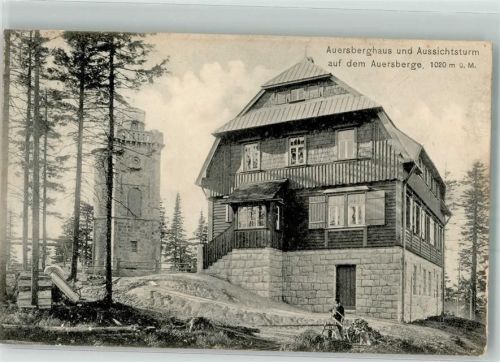 08309 O9405 Eibenstock 1908 - Auersberghaus und Aussichtsturm auf dem Auersberg Fotograf Franz Landgraf Hüttenstempel