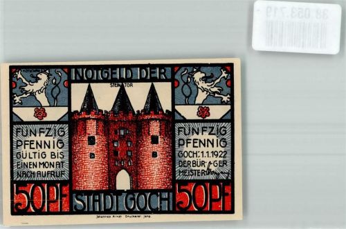 47574 W4180 Goch 1922 Notgeldschein Gutschein über 50 Pfennig Steintor Schmuggler