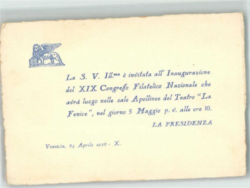 Venezia 1932 Einladung zum 19. nationalen Philatelistenkongress