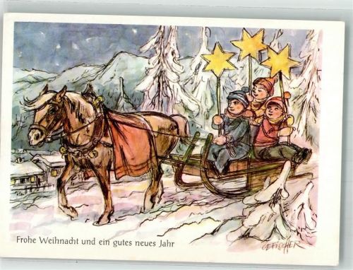 sign. Cefischer Sternsinger durchqueren in der Nacht den Winterwald Weihnachten Neujahr Dennoch-Verlag Nr. 2155