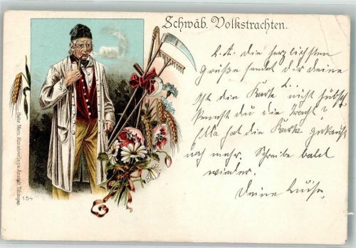 Mann mit Pfeife in einer Volkstracht Blumen Bäuerliches Leben Lithographie/Künstlerkarte