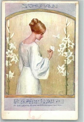 sign. Schütz Junge Frau mit weißen Lilien Du bist wie eine Blume so hold so schön und rein B.K.W.I. 557-3 Schumann, R. Künstlerkarte